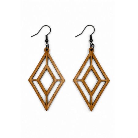 Pendientes de madera geométricos en forma de rombo con patrones de corte minimalistas para distribución al por mayor.
