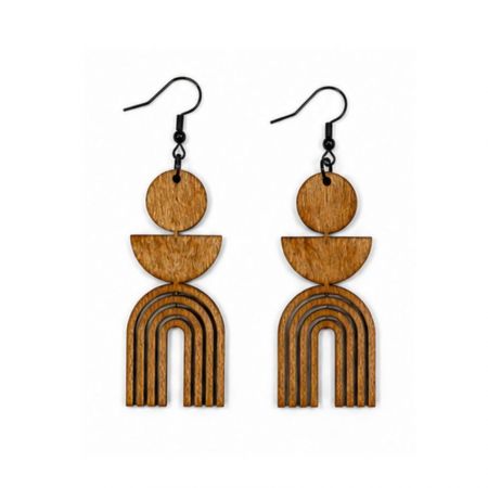 Pendientes de madera cortados con láser en forma de hexágono con estampados de chevron y rayas coloridos para minoristas de accesorios de moda.