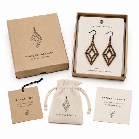 Infografía de pendientes de madera geométricos premium que muestran características detalladas, tamaños personalizados y calidad del material.