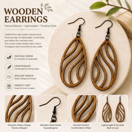 Opciones de empaquetado personalizadas para pendientes de madera al por mayor, incluyendo tarjetas de respaldo con logotipo, bolsas y cajas de regalo.