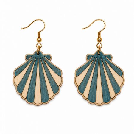 Pendientes colgantes de madera en forma de concha bicolor con elegantes estrías, dirigidos a la venta al por mayor de accesorios de moda de verano.