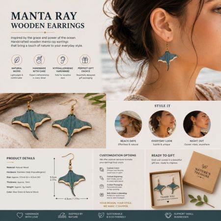 Infografía B2B para pendientes de madera en forma de manta raya que detalla dimensiones, opciones de marca personalizadas y cajas de regalo.