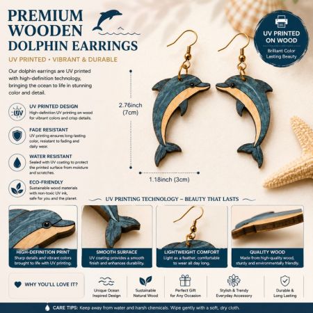Póster del producto de pendientes de madera de delfín premium que muestra calidad de impresión UV de alta definición y resistencia al agua.