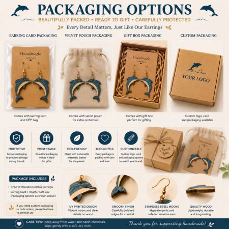 Opciones de embalaje al por mayor para pendientes de madera, incluyendo cajas con logotipo personalizado, tarjetas de respaldo y bolsas de terciopelo.