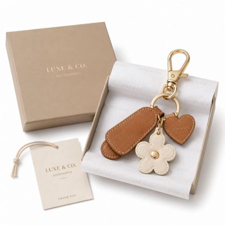 Custom leather charm keychain with premium gold hardware in branded Luxe and Co gift box.