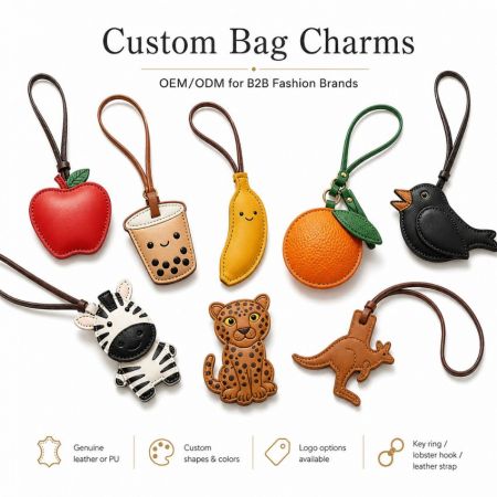 Custom Bag Charms - Custom leather bag charms in animal and fruit shapes for B2B fashion brands OEM ODM manufacturing service.