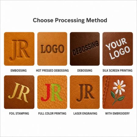 Custom leather processing methods including embossing, debossing, foil stamping, silk screen, and embroidery.
