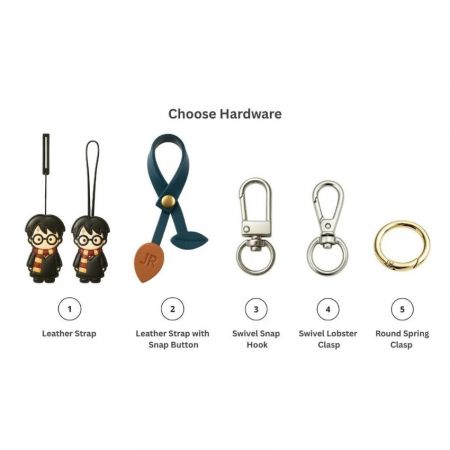 Custom bag charm hardware options showing leather strap, snap button, swivel snap hook, lobster clasp, and spring ring.