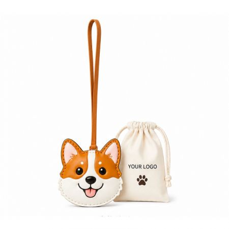Cute corgi dog leather bag charm with custom printed canvas drawstring storage pouch for pet brand merchandise.