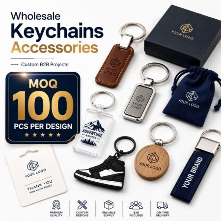 Wholesale Keychains Accessories - holesale custom keychains in leather metal wood acrylic silicone with B2B branding options and 100 pcs MOQ.