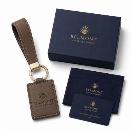 Premium debossed leather keychain with gold ring corporate gift box and velvet pouch for hotel loyalty branding.