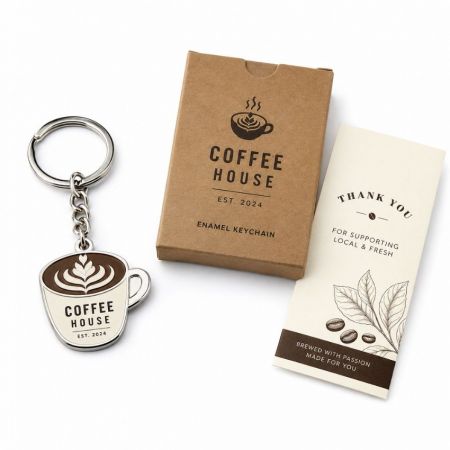 Custom enamel coffee cup keychain with cafe branding cardboard slide box and paper insert packaging.