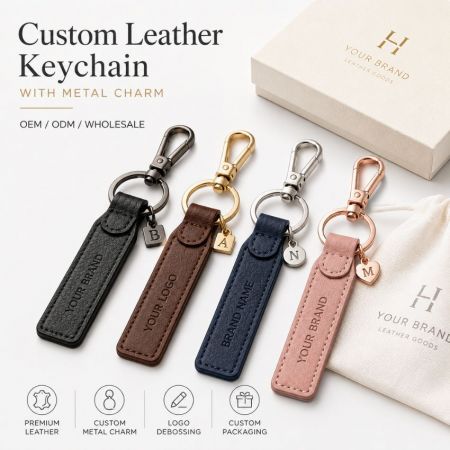 Llave de cuero personalizada - Fabricante de llaveros de cuero personalizados que ofrece servicios de OEM ODM al por mayor con logo grabado y charms metálicos iniciales.
