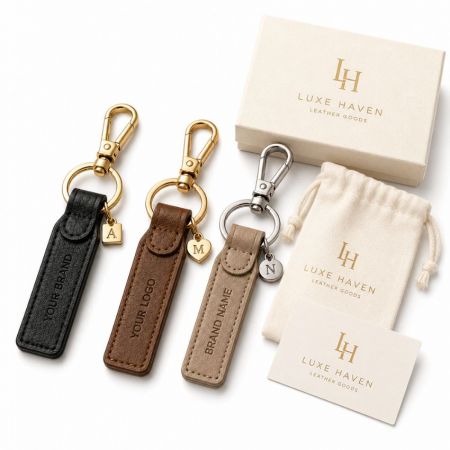 Llavero de cuero personalizado Luxe Haven con correa de cuero grabada y charms iniciales dorados, caja de regalo premium y bolsa de algodón.