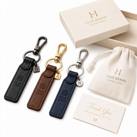 Llavero de cuero personalizado al por mayor con grabado de logo corporativo, charms metálicos personalizados y empaquetado de regalo.