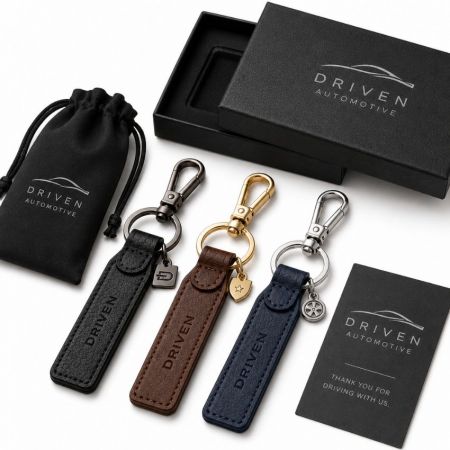 Llavero de cuero grabado personalizado Driven Automotive, caja de regalo negra mate, bolsa de terciopelo y tarjeta de agradecimiento corporativa.