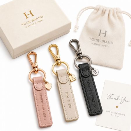 Llavero de cuero personalizado para bodas con iniciales grabadas, herrajes dorados, caja de regalo y empaquetado de favores.