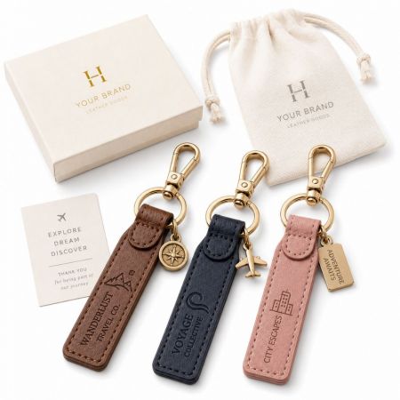 Llavero de cuero promocional de agencia de viajes con logo grabado, charms de avión y brújula, regalos corporativos.