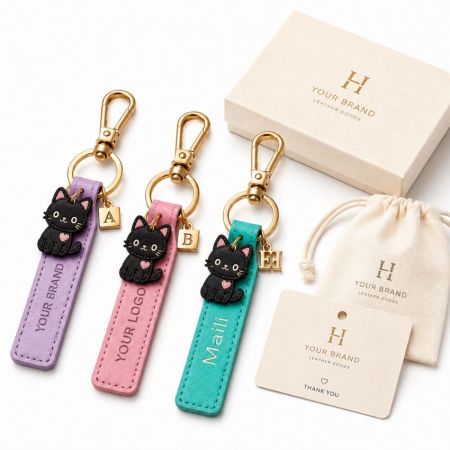Llavero de cuero personalizado de gatos en colores pastel con charms de dibujos animados, regalos de marca corporativa y empaquetado premium.