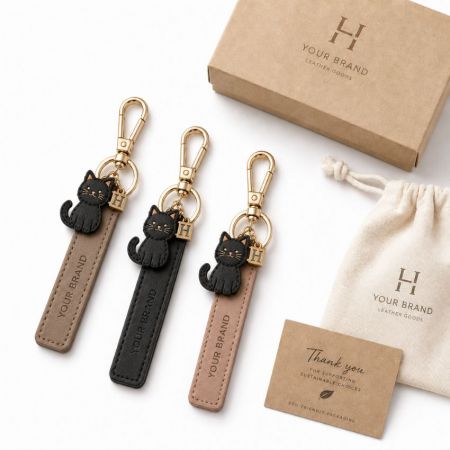 Llavero de cuero personalizado ecológico con charms de gato negro, caja de regalo kraft y opciones de empaquetado sostenible.
