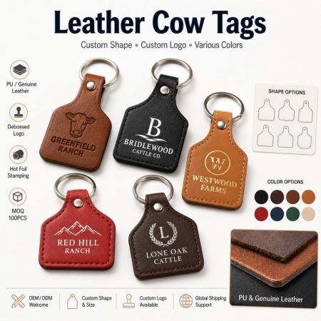 Etiquetas de vaca de cuero - Llaveros de etiquetas de vaca de cuero personalizados en múltiples colores con logotipos de rancho en relieve, estampado en caliente y MOQ de 100 piezas.