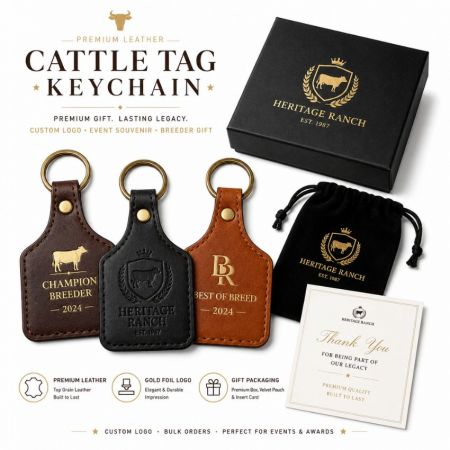 Llavero de etiquetas de ganado premium con logotipo de rancho en foil dorado, elegante caja de presentación negra y bolsa de terciopelo.