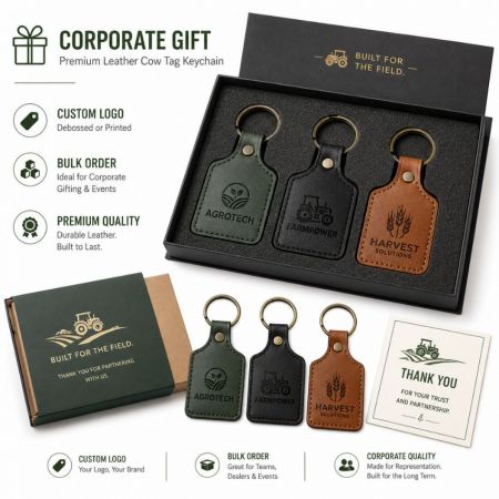 Regalos corporativos de agricultura, llaveros de etiquetas de vaca de cuero desbosado en caja de presentación forrada de espuma.