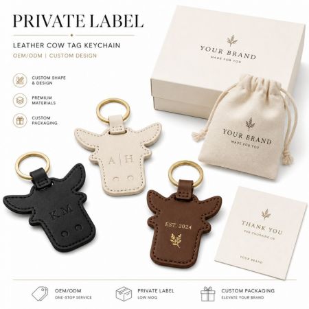 Llaveros de cuero en forma de cabeza de toro de marca privada con iniciales personalizadas desbosadas y bolsa de regalo crema.