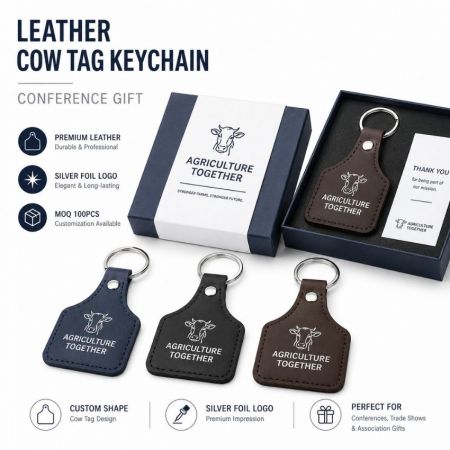 Regalos promocionales de conferencias de agricultura, llaveros de etiquetas de vaca con logotipo en foil plateado y cajas de marca a juego.