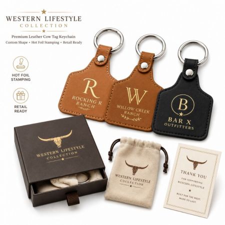 Colección de estilo de vida del oeste, llaveros de etiquetas de ganado de cuero premium con logotipos de rancho estampados en foil dorado, empaquetado en caja.