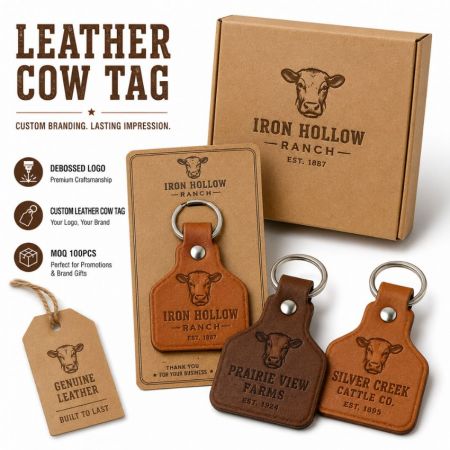Llaveros de etiquetas de ganado de cuero genuino con debossing personalizado de Iron Hollow Ranch, con caja de papel kraft y etiqueta colgante.