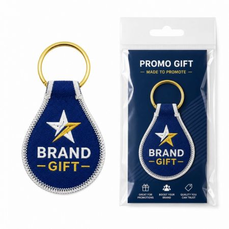 Llavero de parche con logo bordado personalizado, regalo corporativo promocional con empaque de bolsa de polietileno y tarjeta de encabezado.