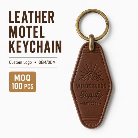 Llavero de Motel - Llave de motel de cuero personalizada con logo en relieve, banner de servicio OEM/ODM y MOQ de 100 pcs.