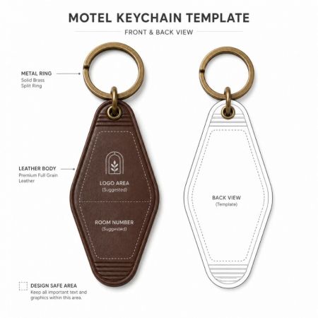 Plantilla de diseño de etiqueta de llave de motel de cuero de grano completo premium que muestra un anillo de latón sólido y un área de logo personalizable.