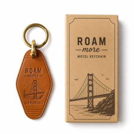 Llave de hotel de cuero marrón personalizada con diseño del Puente Golden Gate y caja de cartón para venta al por menor.