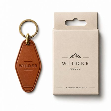 Llave promocional de cuero marrón minimalista emparejada con una caja de exhibición colgante de cartón.