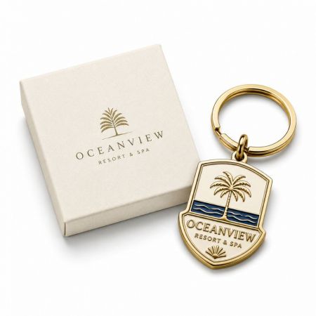 Llavero de resort con escudo dorado y logotipo personalizado en esmalte azul y blanco, acompañado de una elegante caja de venta texturizada.