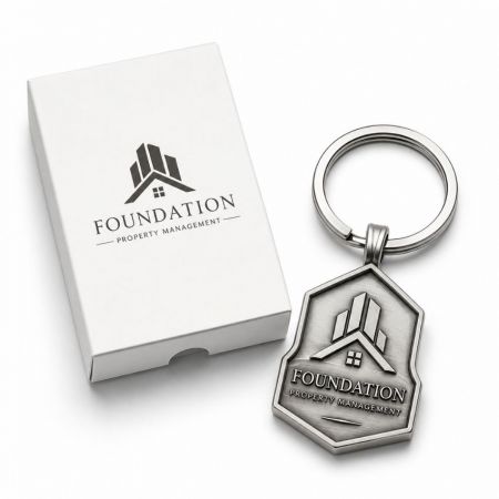 Llavero de metal plateado antiguo con troquelado que presenta un logotipo de gestión de propiedades 3D junto a una caja de papel blanca de marca.