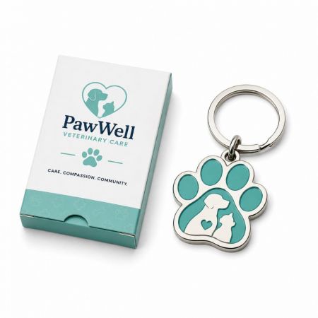 Llavero de metal con huella de pata de perro y gato en esmalte verde azulado para promoción de clínica veterinaria con una caja de embalaje minorista personalizada.