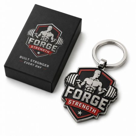 Llavero de metal de marca de fitness con logotipo de gimnasio en esmalte suave rojo y negro al lado de una caja de presentación negra mate.