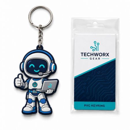 Llaveros de PVC de personaje robot promocional de empresa tecnológica sosteniendo una laptop junto a una tarjeta de respaldo corporativa personalizada.