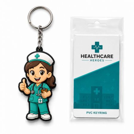 Llaveros de PVC de enfermera mascota de marketing de salud vistiendo scrubs en color teal, mostrados con una tarjeta de encabezado minorista personalizada.