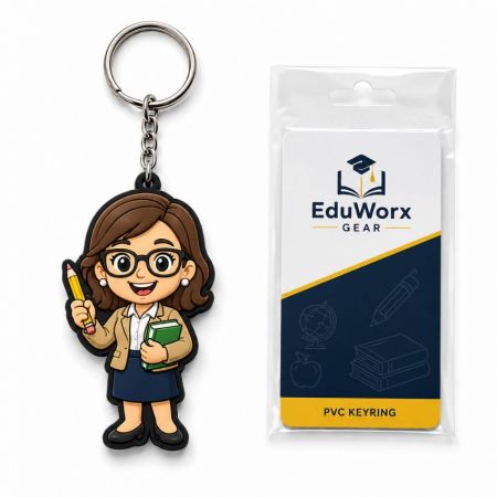 Llaveros de goma de personaje de maestro educativo personalizado sosteniendo un libro y un lápiz al lado de empaque de mercancía promocional.