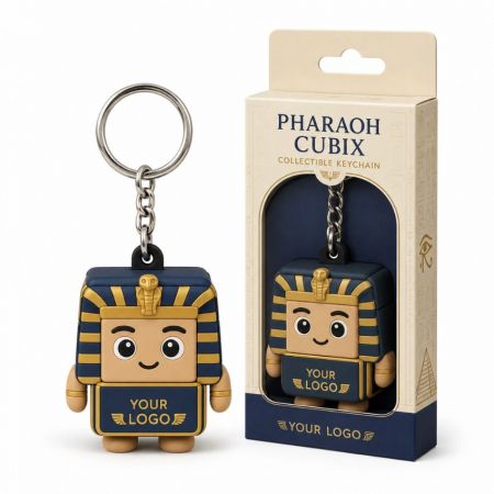 Llavero de personaje faraón 3D personalizado en PVC suave con caja de colección minorista de marca para regalos corporativos.