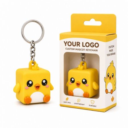 Llavero 3D de mascota de pollito amarillo personalizado en PVC suave duradero con embalaje de caja de ventana para la marca.