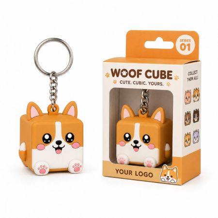 Llavero de mascota de perro corgi 3D personalizable en PVC suave con caja de embalaje minorista de marca.