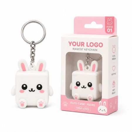 Llavero de mascota de conejo 3D personalizado hecho de PVC suave con caja de embalaje de regalo promocional.