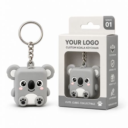 Llavero de animal koala 3D de marca en PVC suave con embalaje de caja de ventana minorista personalizada.