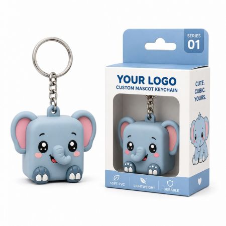 Llavero promocional de elefante 3D en PVC suave con embalaje de caja de ventana personalizable para regalos de negocios.