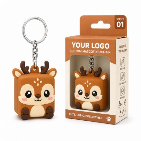 Llavero de mascota ciervo 3D personalizable en PVC suave con embalaje minorista de marca para mercancía corporativa.